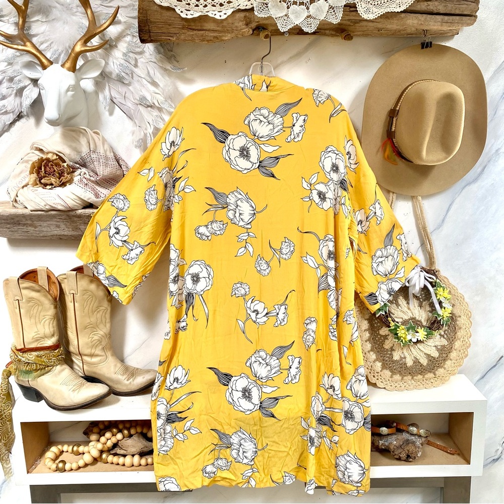 Yellow Floral Open-Front Kimono Cardigan Duster XL - Picture 7 of 9